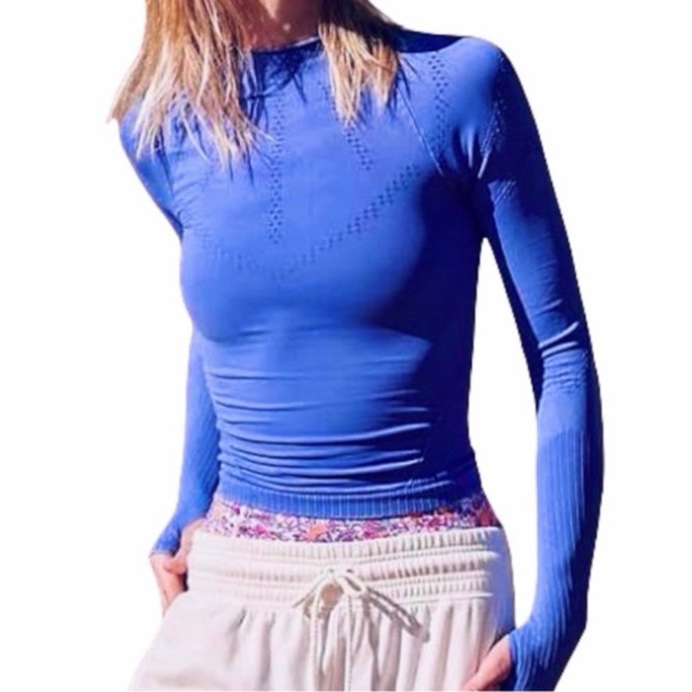 NWOT Free People Movement Good Karma High Neck Layer In Classic Blue $88 MSRP